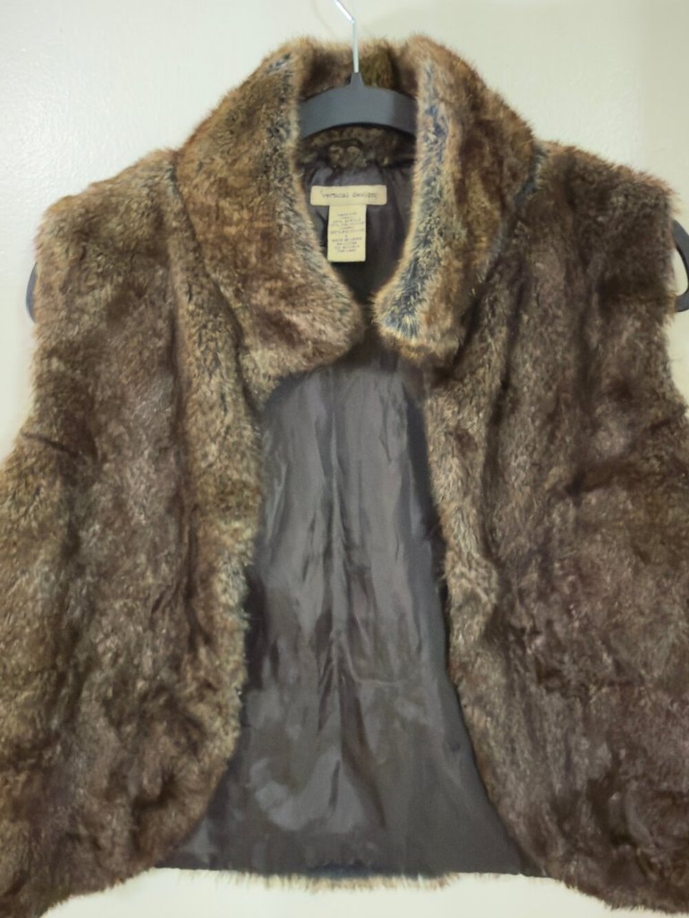 Vertical Design Faux Fur Vest Brown Collar Womens Size L Large RN 113286